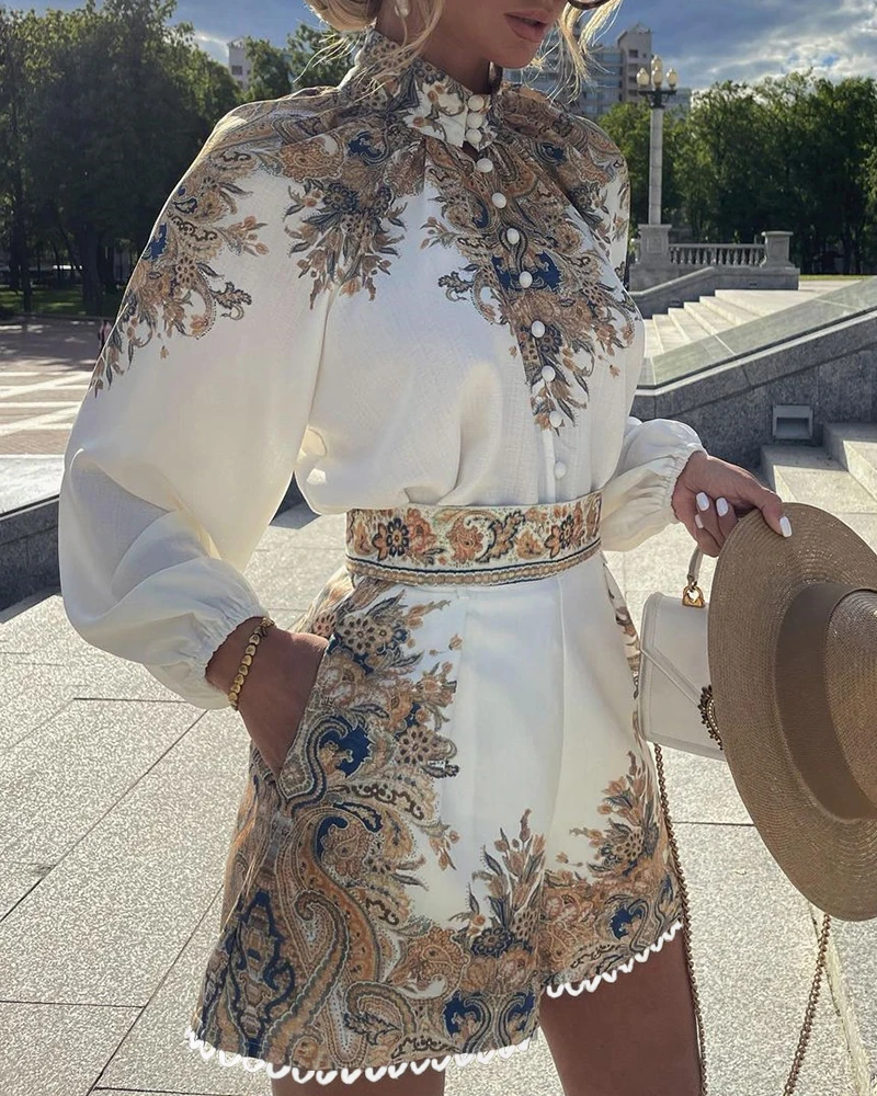 

New Autumn WomenTwo Pieces Suit Floral Print Button Front Long Sleeve Top & Shorts Set Women's Clothing 2021 Fashion Outfits