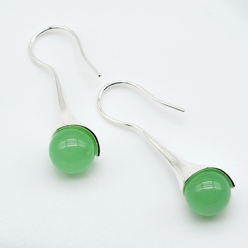 Ladies silver earrings, green jade round beads, 925 sterling silver, jade earrings, long earrings