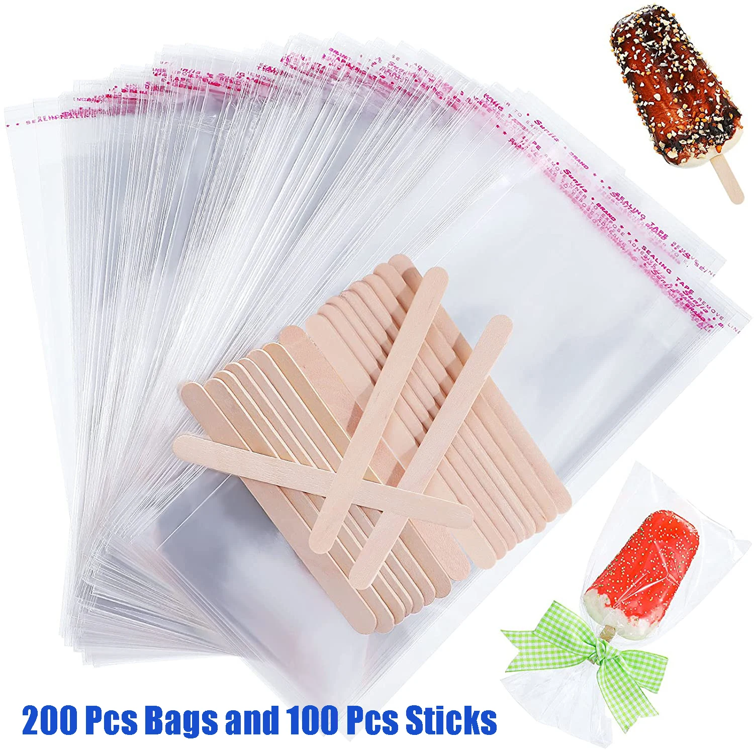 300 Pcs Popsicle Sticks and Pop Bags Set Ice Cream Clear Plastic Self-adhesive 8*20 cm Pouch with 11*1 cm Wooden Sticks