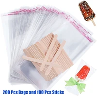 300 pcs popsicle sticks and pop bags set ice cream clear plastic self adhesive 820 cm pouch with 111 cm wooden sticks
