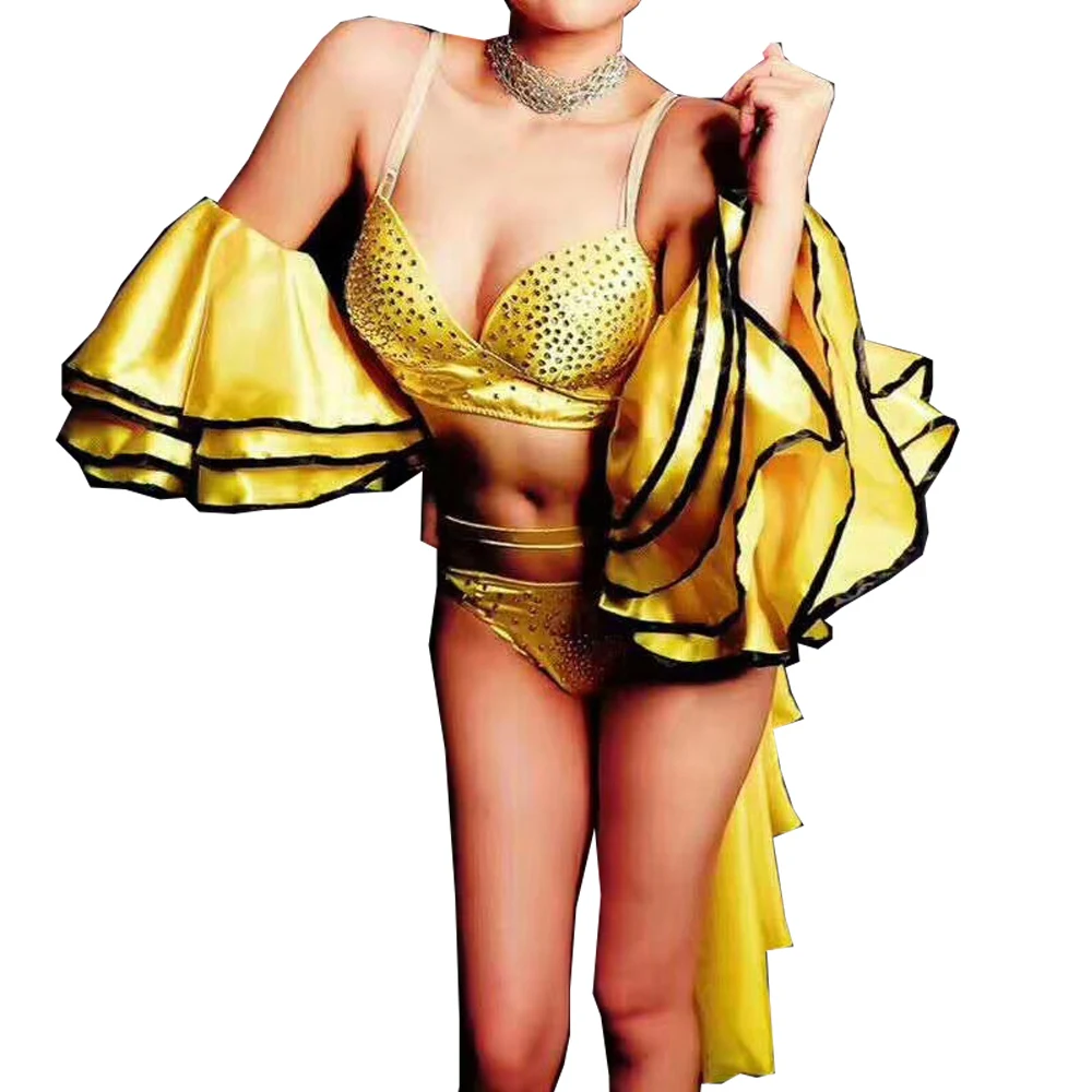 

Women's Party Costume Cascading Ruffle Sleeve Bikini Three-Piece Suit Rhinestones Stage Costumes Nightclub Outfit Dance Wear