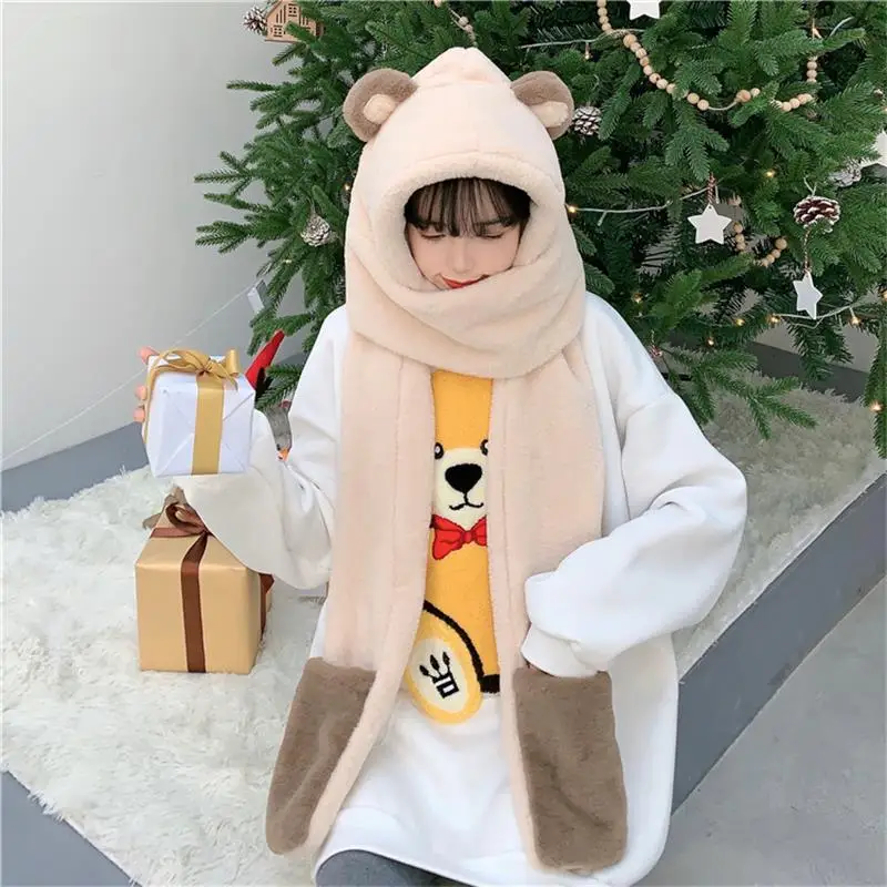 

Cute Bear Ear Hat Scarf Gloves Set Winter Women Novelty Caps Warm Casual Plush Hats Casual Solid Fleece Girl Kawaii Accessories