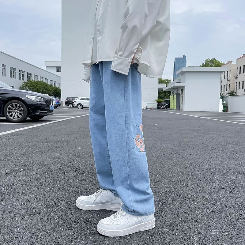 Джинсы мужские прямые с вышивкой модные Универсальные брюки широкими штанинами