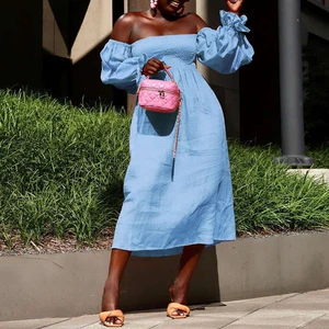 Autumn Dresses VONDA Women Casual Lantern Sleeve Solid Color Baggy Vestidos Square Neck Pleated A-Lined Dress Oversized Robes