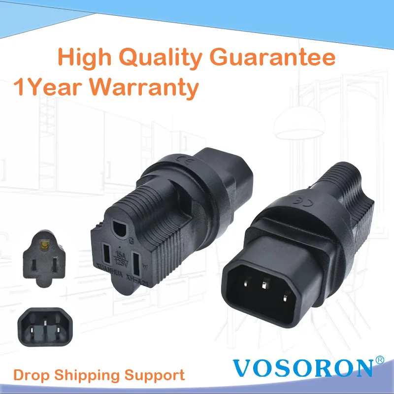 Адаптер питания с 3 зубцами США C14 на NEMA 5-15R для стандартного компьютерного блока питания 10 А/250 В (NEMA 5-15R на IEC 60320-C14)