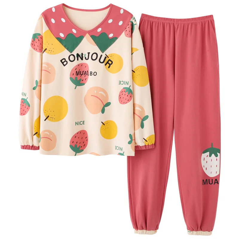 

Cute Pink Pyjama Set Strawberry Doll collar Women Sleepwear Cotton Female Long Sleeve Autumn Winter Leisure Pijamas Homewear