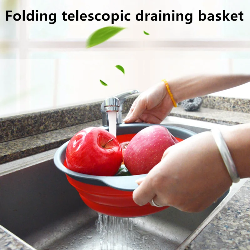 

Foldable Round Drain Basket Multifunction Water Filter Basket With Handle Retractable Silicone Vegetable Fruit Washing Basket