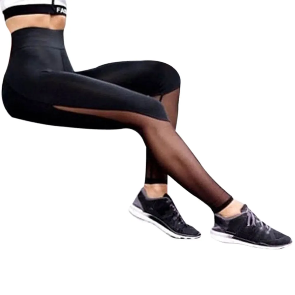 

Women Fitness Leggings Running Sportswear Gym Stretch Sports High Waist Pants Striped Mesh Patchwork Pants