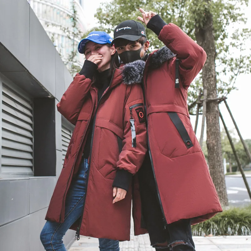 Couple Down Jacket Male Long Winter Loose Thickened White Duck Coat Men and Women's Detachable Fox Fur Collar | Мужская одежда