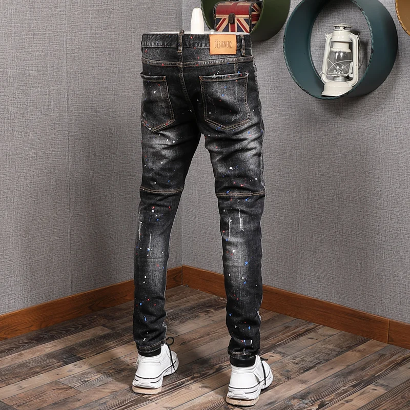 Autumn Men's Dots Printed Black Ripped Jeans Streetwear Casual Slim Fit Pencil Pants Cotton Denim Trousers