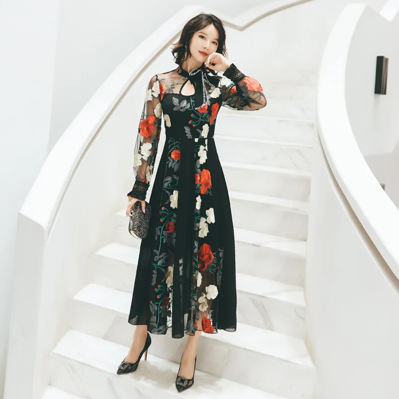 

L-5XL Big Size Ladies Long Sleeve Corset Big Swing Embroidery High End Dress Spring Winter Floral Dress Women Black Mesh Dresses
