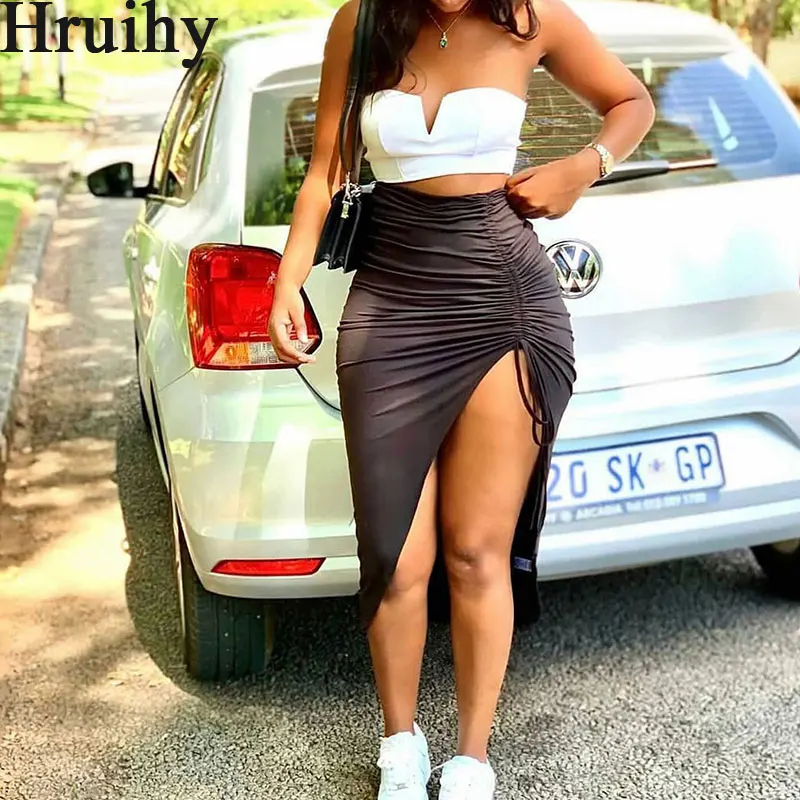 

Black Classic Skirt Sexy & Club Mid-Calf Thigh Slit Drawstring Fashion Sexy Woman Skirt Party Elegant Skinny Skirt Lrregular Hem