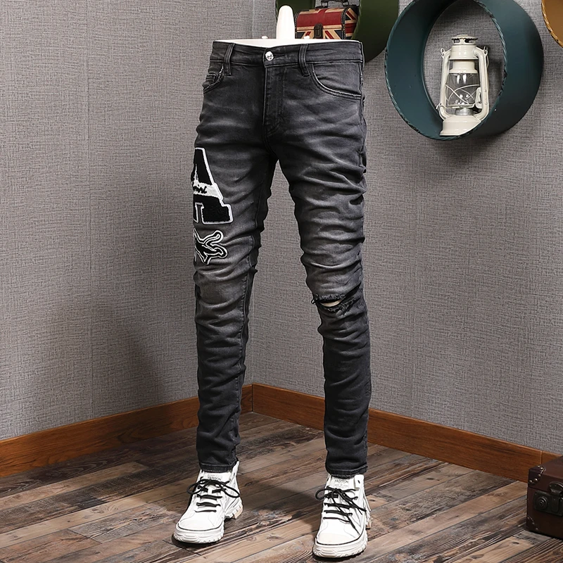 Street Style Fashion Men Jeans Retro Black Gray Elastic Slim Fit Ripped Jeans Men Patches Designer Hip Hop Denim Hole Pants