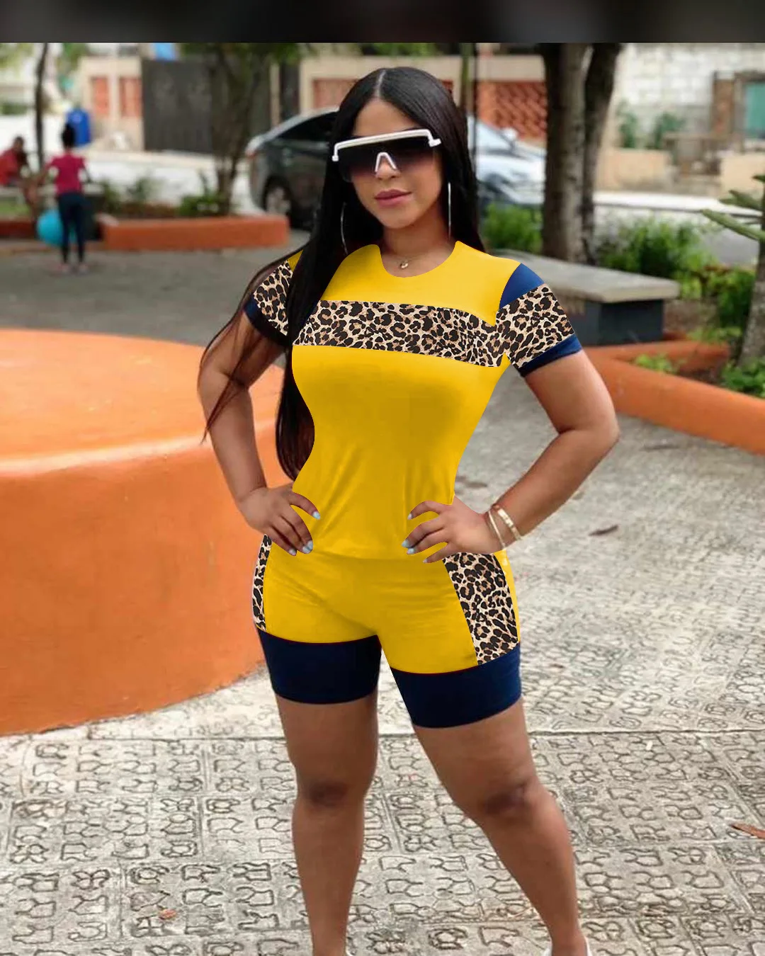 

2021 New Style Suit Casual Leopard Splicing Two-Piece Suit European and American Fashion Women's Clothing