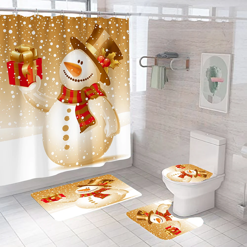 

Happy New Year Snowman Bath Curtains Polyester Waterproof Merry Christmas Bathroom Shower Curtain and Rug Sets Toilet Lid Mat