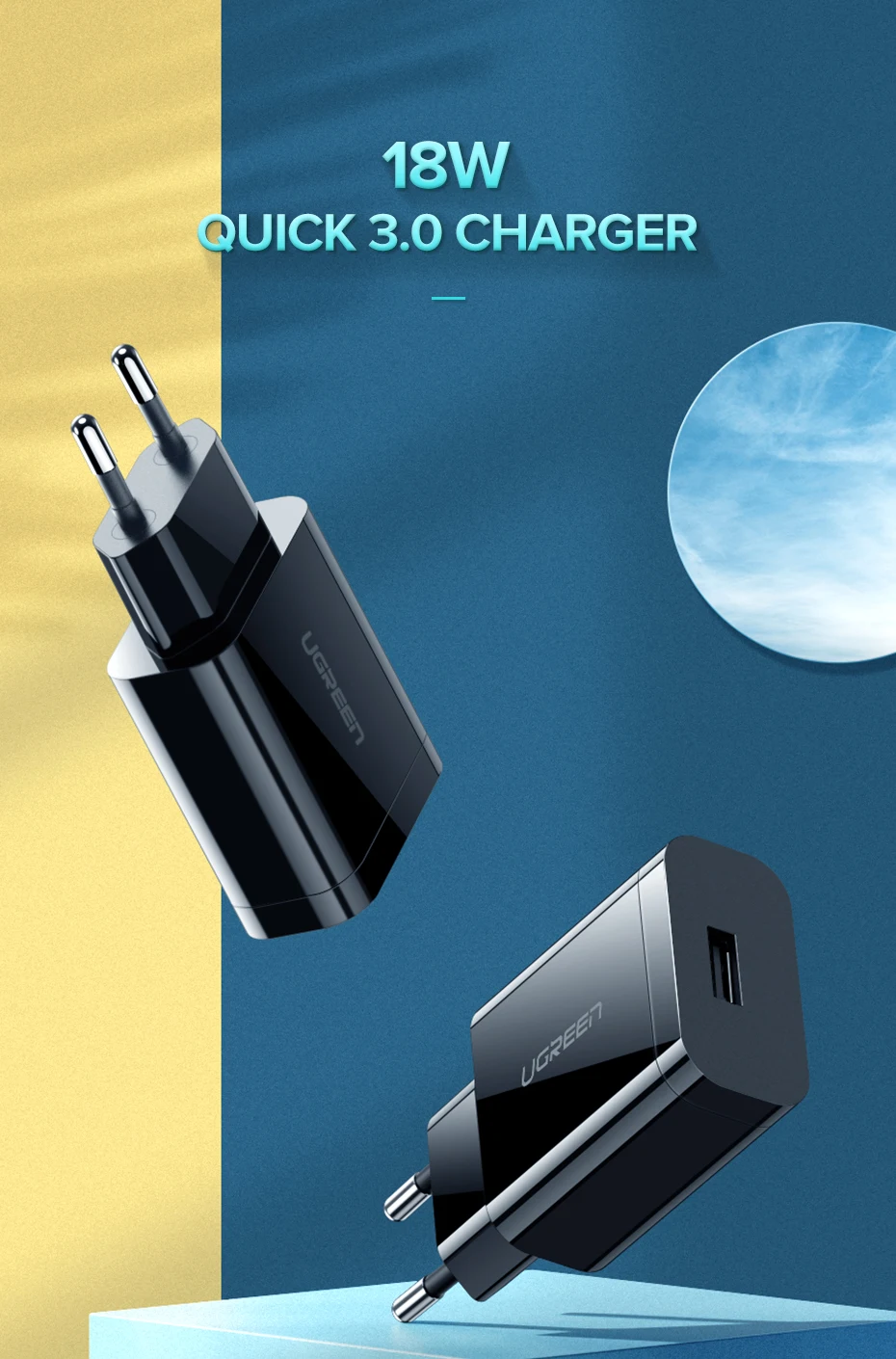 Ugreen Телефона Qualcomm Быстрая Зарядка 3.0 18 Вт Быстрое Зарядное Устройство USB(быстрая Зарядка 2.0 Совместимый) для Samsung Xiaomi 5 Huawei lg