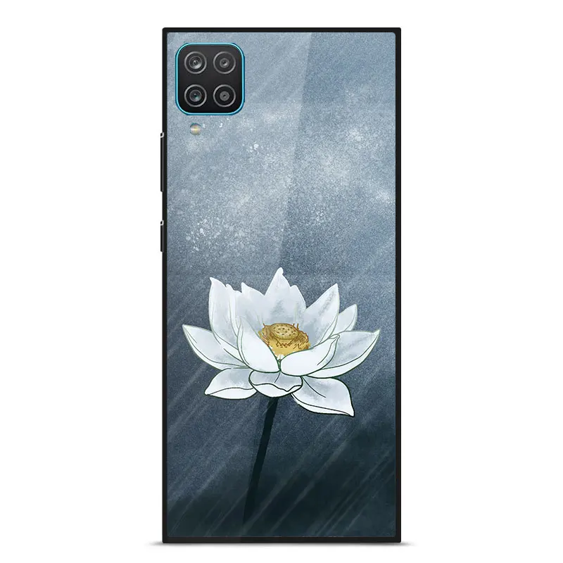 

For Samsung A12 Case Fashion Painted pattern TPU Frame smooth Mirror Tempered glass shockproof Back Cover For Samsung A12 Cover