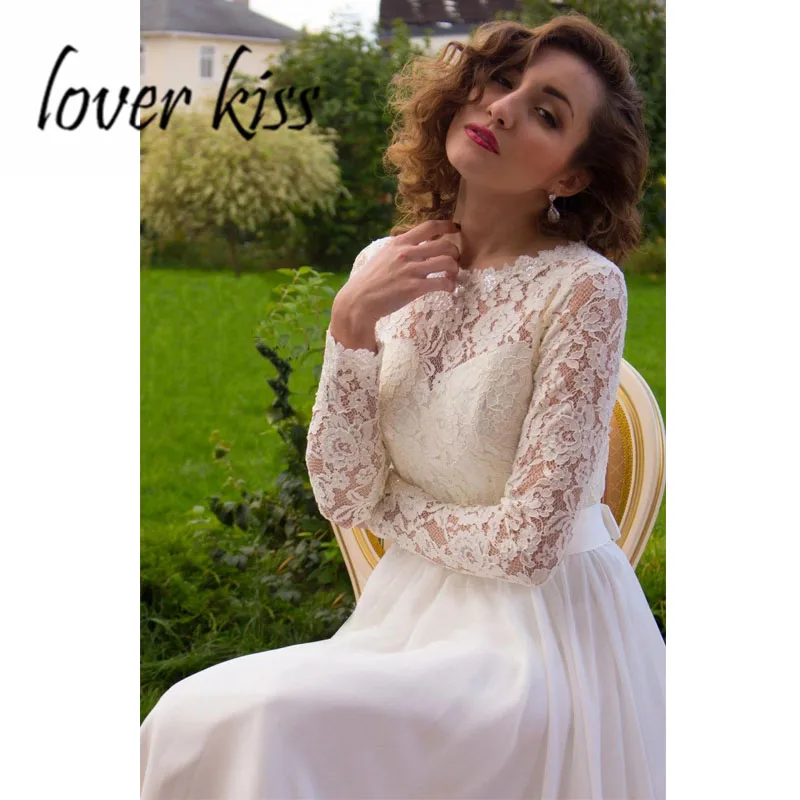 

Lover Kiss Vestido De Noiva Country Long Sleeves Chiffon Wedding Dresses Lace Boho Bride Gown With Bow 2021 vestido de casamento