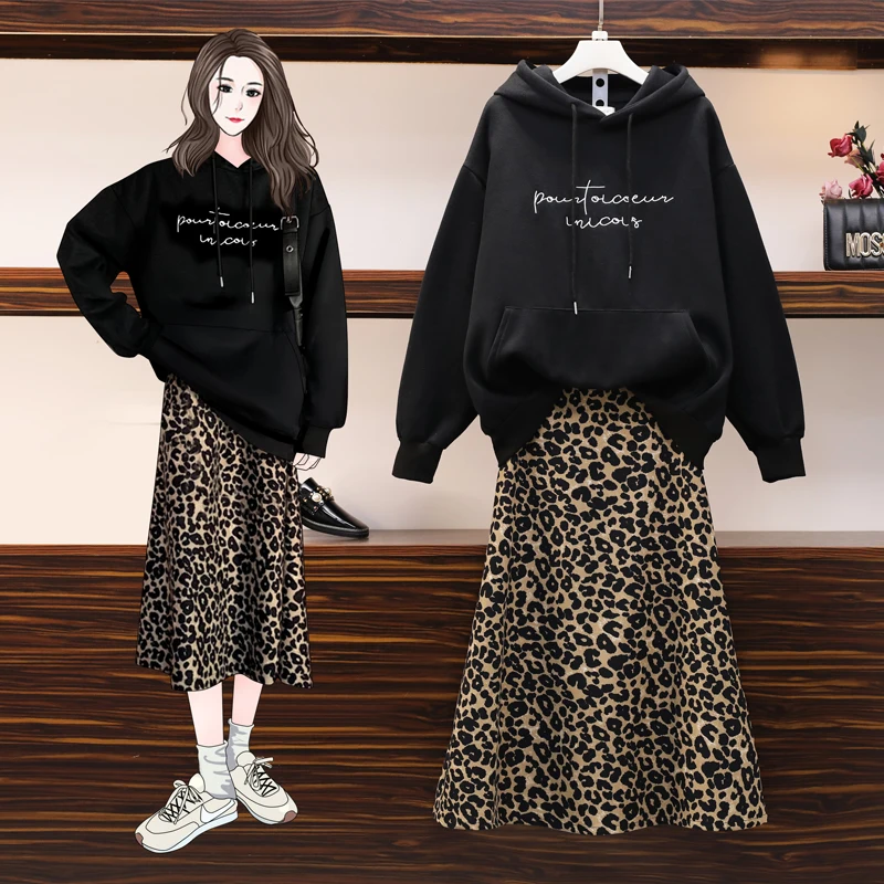

Streetwear Western Style Plus Size Loose Embroidery Thick Top Leopard Women Two Piece Dress Suit
