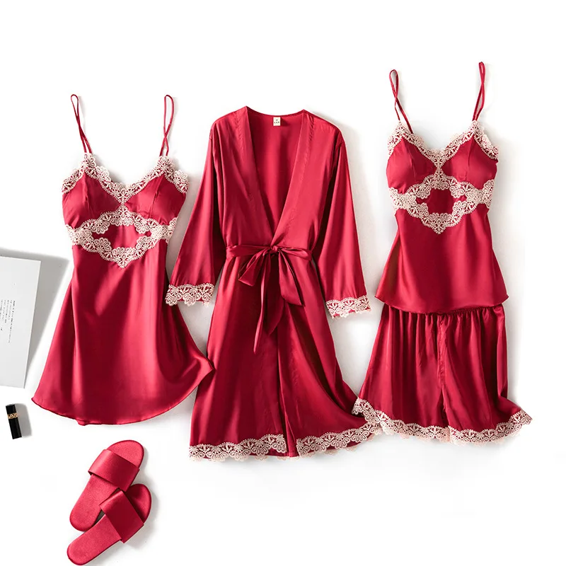 

Soft Satin 4PCS Pajamas Set For Women Casual Lace Kimono Bathrobe Gown Silky Intimate Lingerie With Pads Casual Sleep Suit