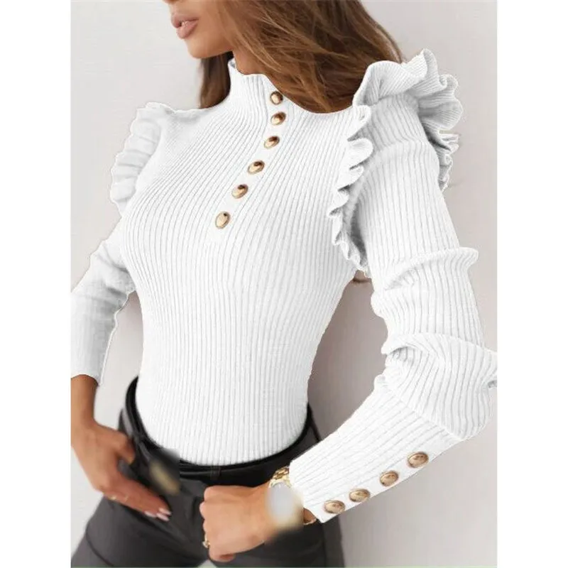 

Women Knit High Neck Sweater Ruffle Puff Sleeve Pullover Jumper Blouse Shirt