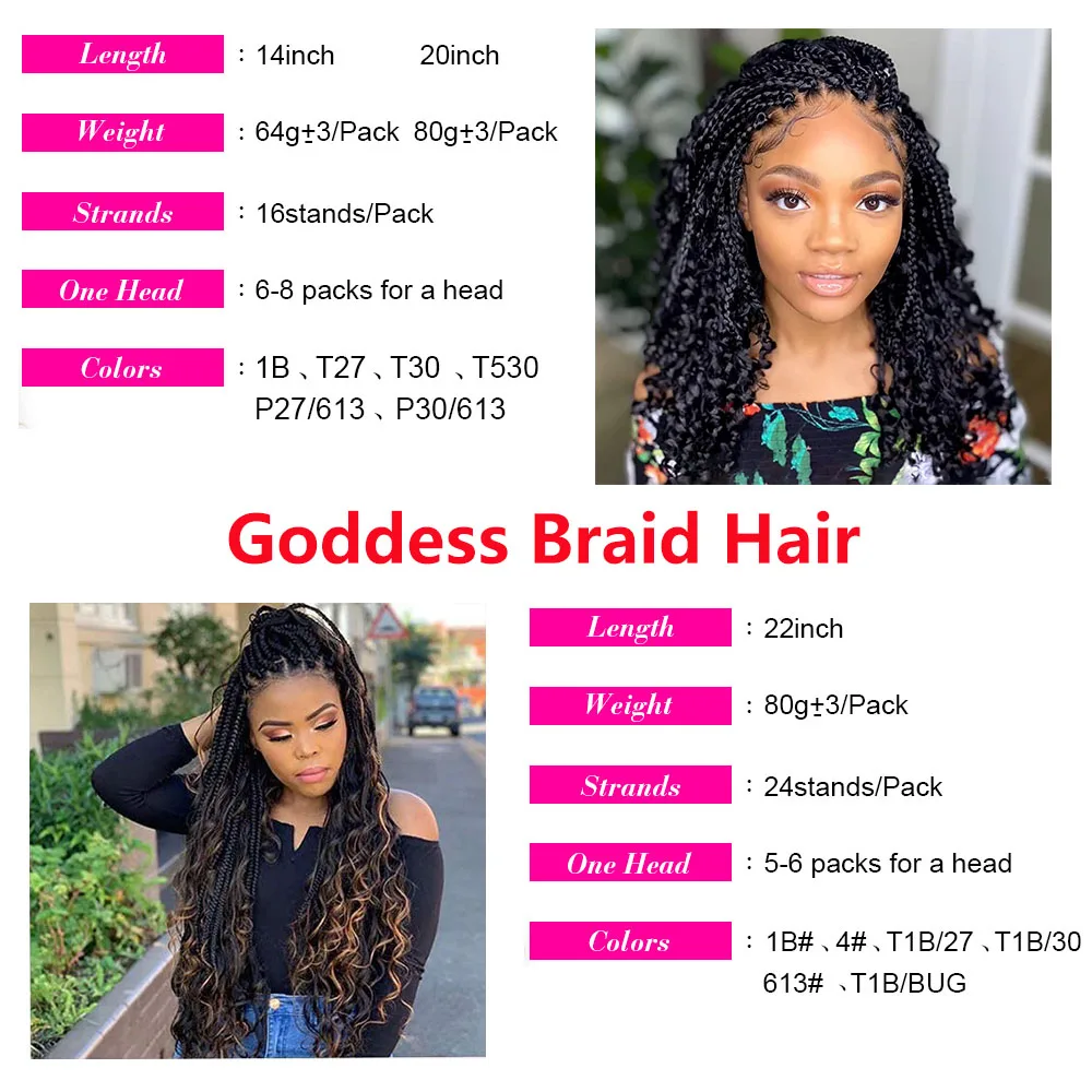 Goddess Box Braids Crochet Hair Bohemian Ombre With Curly End 14"20"&22" Synthetic River Braiding Extensions on.