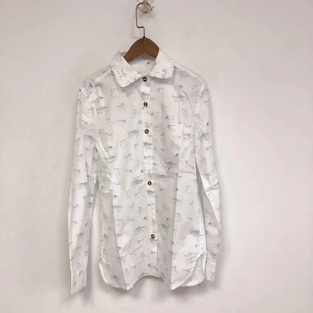 

2021 Early Spring New Kitty Print Lace Collar Single-breasted Cotton Shirt ladies tops dropshipping