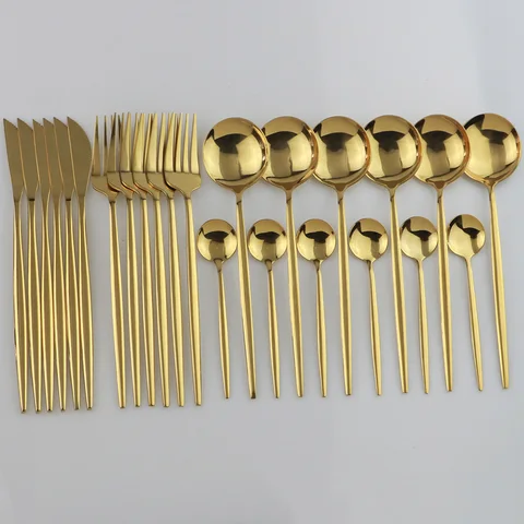 24pcs Gold yemek takımı seti paslanmaz çelik sofra seti bıçak çatallı sofra takımı seti bulaşık makinesi güvenli gümüş eşya çatal bıçak takımı seti