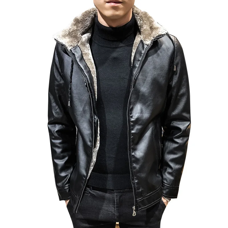 

Fashion men leather jacket Autumn Winter wool liner thick warm Pu Casual hooded coat New Male motorcycle Fur leather outerwear