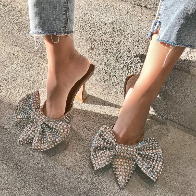 

Europe and the United States Super Flash Bow Rhinestone Shiny Wine Glass with High Heel Women's Slippers