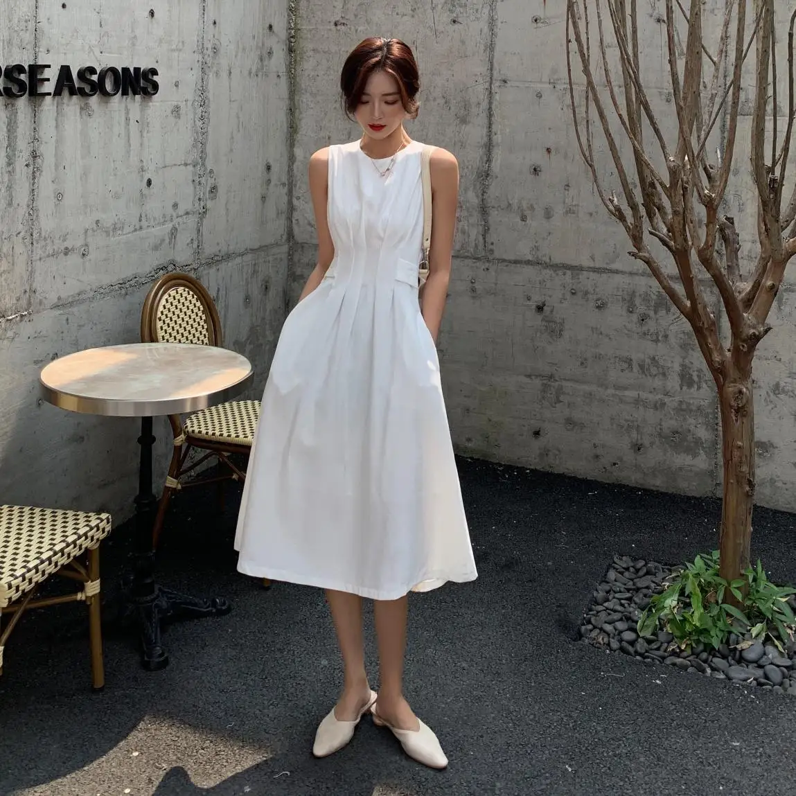 

Elegant Slim Waist A-line Women Dress 2021 Summer Temperament O-neck Sleeveless Solid Pockets Midi Dress Workwear Vestidos