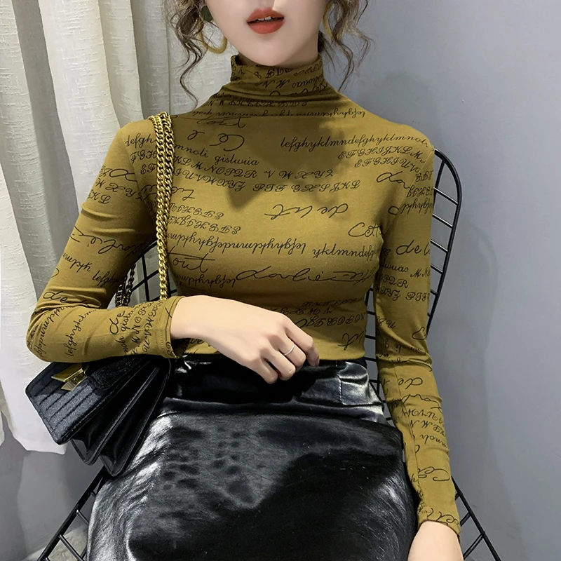 

Turtleneck bottoming shirt women wear 2020 autumn and winter slim slimming tops women's long-sleeved graffiti T-shirt trend