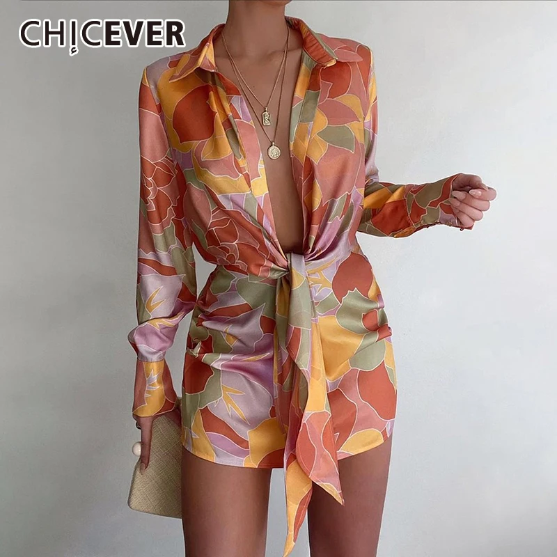 

CHICEVER Sexy Print Dress For Women V Neck Long Sleeve High Waist Sheath Mini Dresses Female Korean Fashion Clothing 2021 Autumn