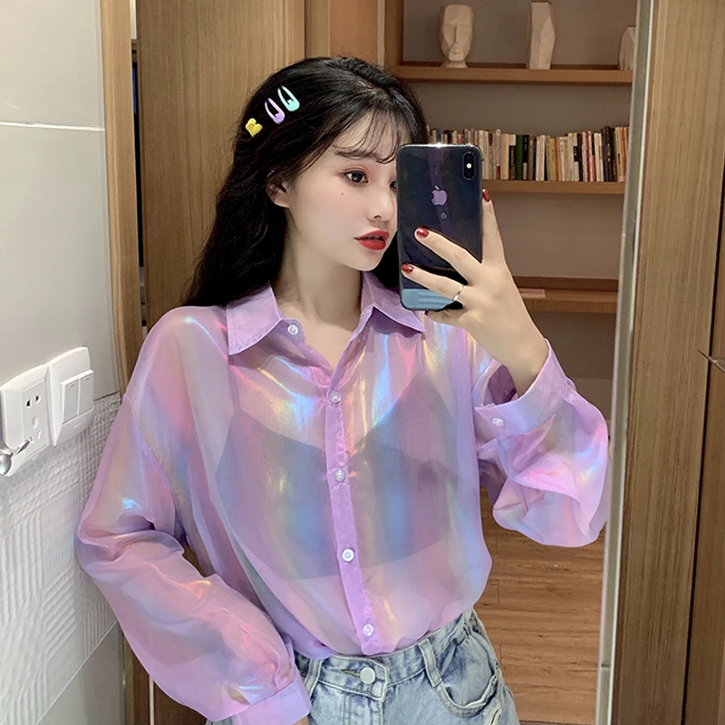 

Shirts Women Thin Summer 2021 Sun-proof Daily Outwear Chic Glitter Ins Harajuku Design Blouses Womens Loose Ulzzang New