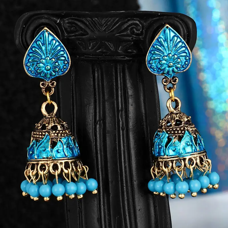 C blue Индийские Jhumka серьги «Слоник» цыганские ювелирные изделия в стиле ретро этнические бусины в античном стиле висячие серьги с кисточками для женщин богемный подарок - Окраска металла: C blue