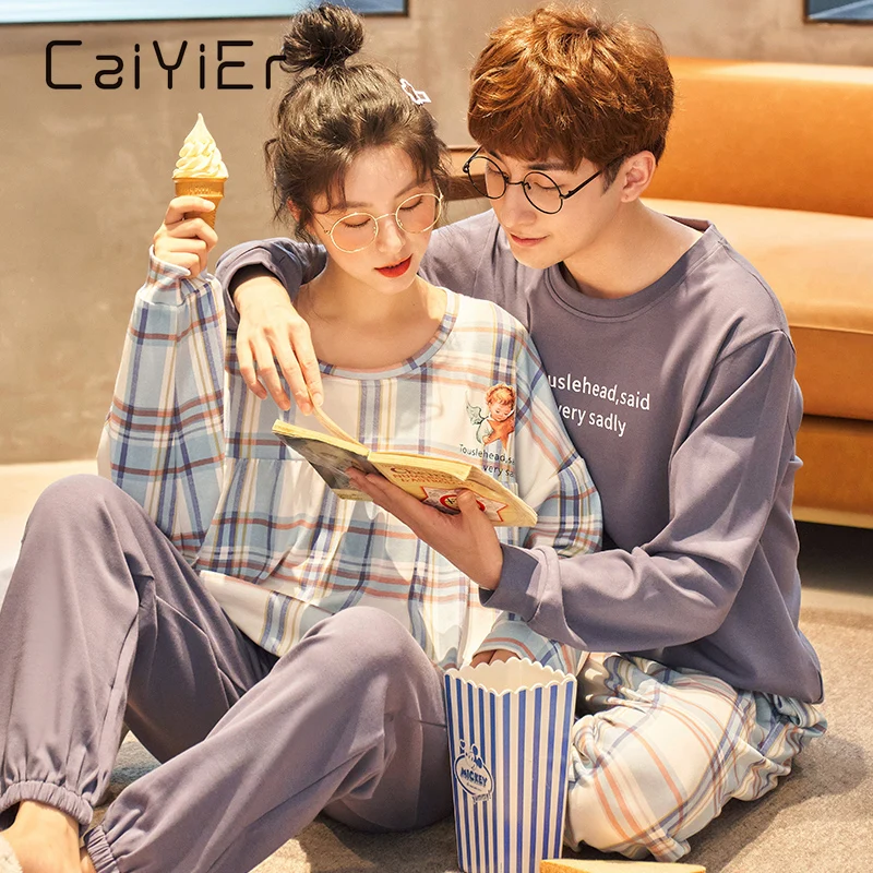 Мужская пижама CAIYIER Хлопковая с длинным рукавом и круглым вырезом отдых дома