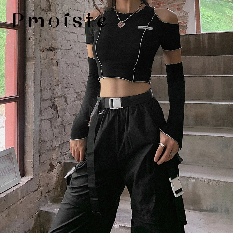 

Gothic E-Girl Style Women's T-shirts Patchwork Black Strapless Streetwear Y2k Crop Tops Ruffles Hem Hip Hop Techwear Women Tees