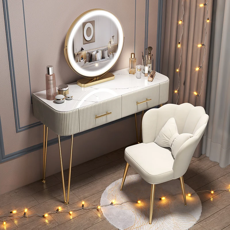 

80/100/120cm Solid Wood Bedroom Mirrored Furniture Vanity Table Glass Desktop Dressers for Bedroom Makeup Chair With LED Mirror