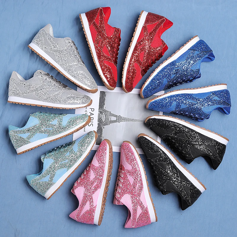 

2021 Woman Casual Flat Platform Sneakers Ladies crystal Brethable Shoes Female Lace Up Bling Flats Footwear Plus Size36-43