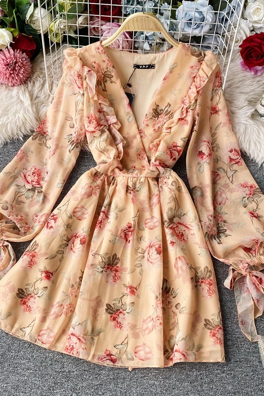 

Women A-line Dress V-Neck Long Puff Sleeve Lace Up Ruffle Slim Dress 2020 Summer Female Elegant Flowers Print Above Knee Dresses