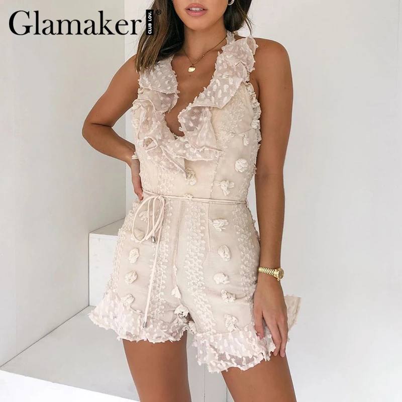 Женский комбинезон с открытой спиной Glamaker жаккардовый цветочным принтом и