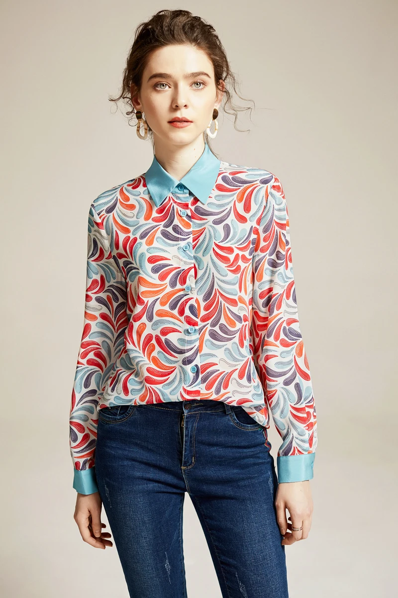 100% натуральный шелк женские Подиумные рубашки отложной воротник длинные рукава