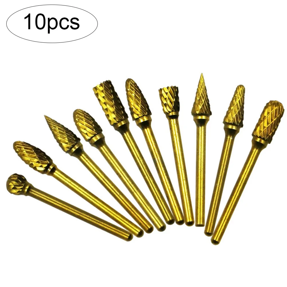 

10pcs/Set Rotary Burr Set Titanium Carbide Drilling Grinder Bits Tungsten Steel For Woodworking Craving Engraving PolishingNice