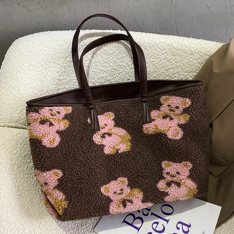 

Women Lamb Like Fabrics Shoulder Tote Bag Fluffy Fur Bear Handbags Shopping Bags H8WD