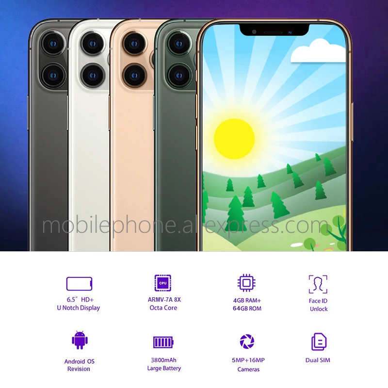 Смартфон Notch с большим экраном Android 6 5 дюйма металлический корпус