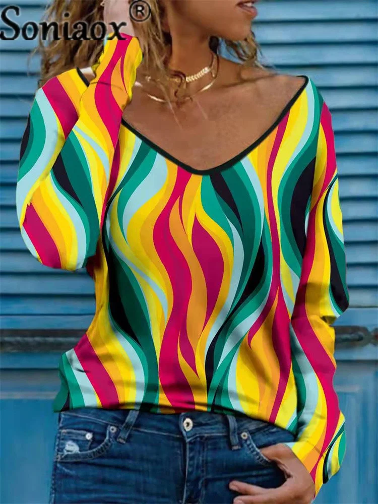 

2021 Autumn T-Shirt Women Clothing Long Sleeve V Neck Tops Ladies Vintage Print Casual Loose Pullover Female Top Tee Ropa Mujer