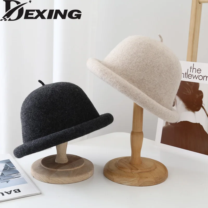 

Панама из натуральной шерсти Женская, однотонная Панама в японском стиле, с простыми скручивающимися полями, верхняя одежда, осень-зима 2021