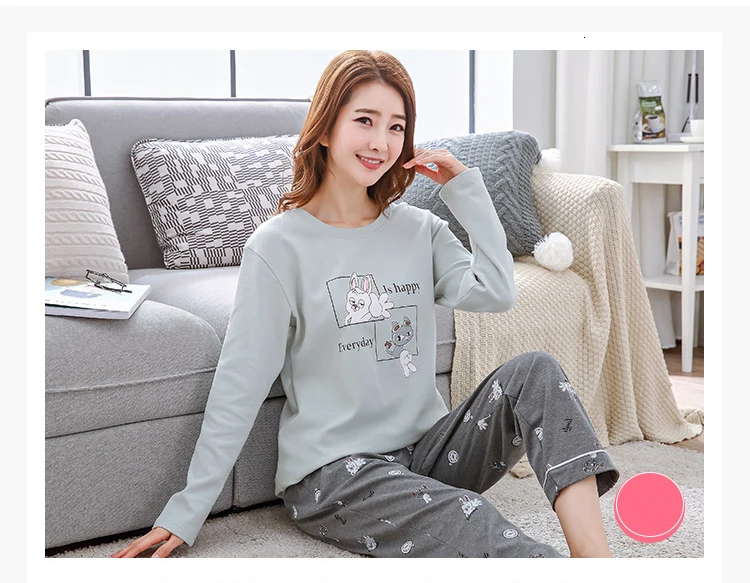Пижамные комплекты для женщин с круглым вырезом Pijama Mujer пижама с длинным рукавом весенняя Хлопковая пижама Femme Повседневные наборы пижам комплект из двух предметов