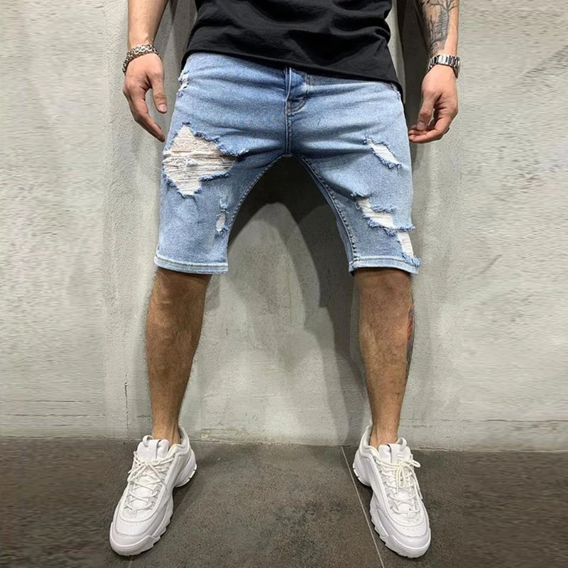 Summer Men White Skinny Ripped Denim Shorts Fashion Destroyed Frayed Short Jeans Men Casual Stretch Distressed Knee Length Jeans