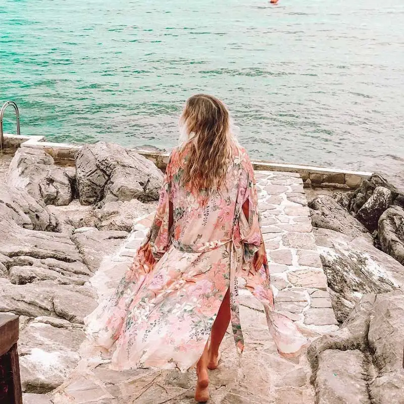 Длинное кимоно с принтом лилии богемный Вдохновленный этнический стиль